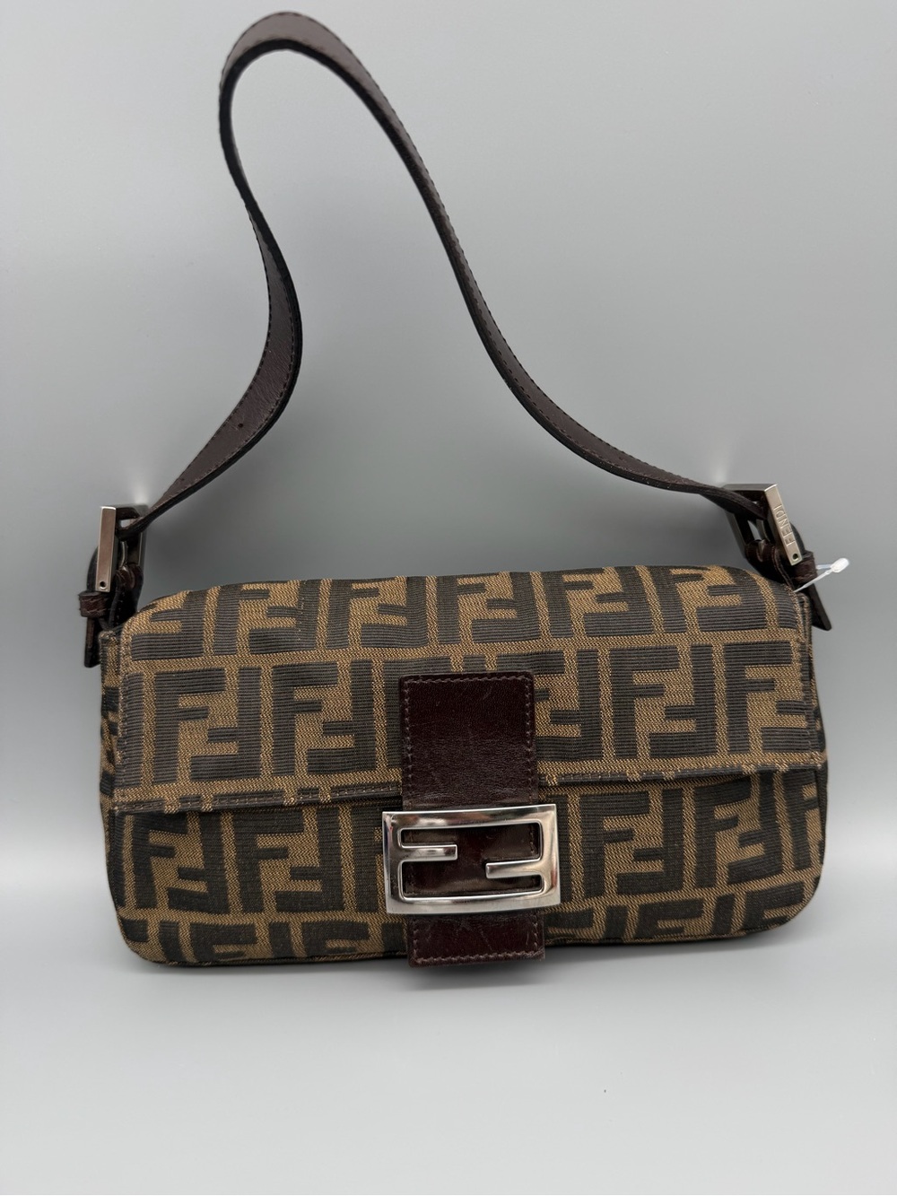 Fendi Brown and Dark Brown FF Logo Mini Baguette Shoulder Bag